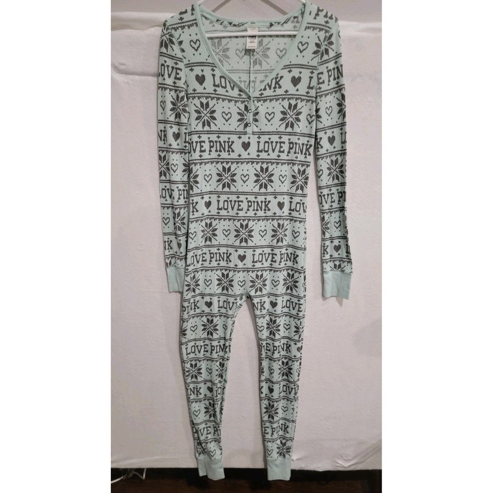 Victoria's Secret PINK‎ Mint Green Thermal One Piece Pajamas Sz M Butt Flap RARE